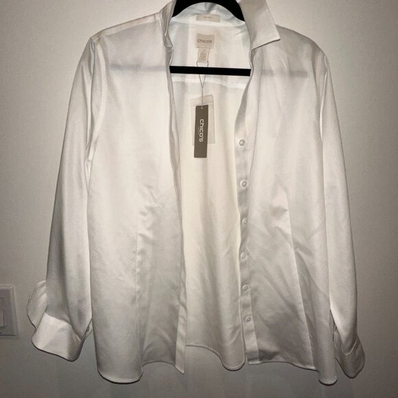 NWT Classic White Satin Button-Up Blouse | Chico's Minimalist Office Shirt Caree - Picture 4 of 4